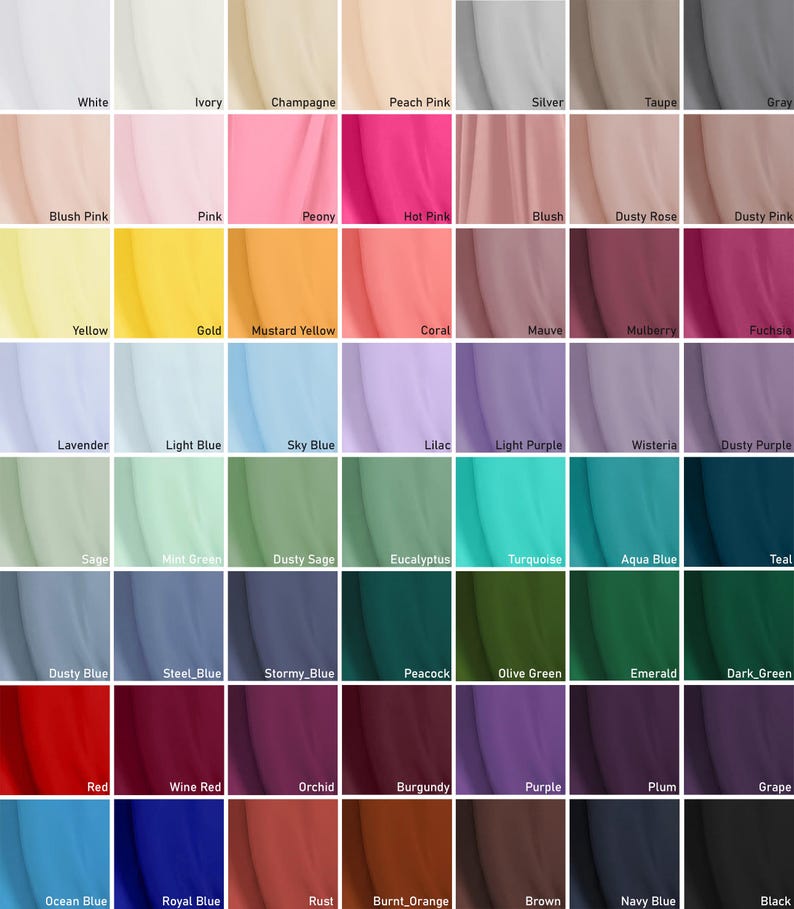 Op de afbeelding: Een kleurenkaart met stofstalen in verschillende tinten. Kleuren zijn onder meer wit, ivoor, roze, geel, blauw, groen, rood en paars. Elk staal is gelabeld met de bijbehorende kleurnaam.