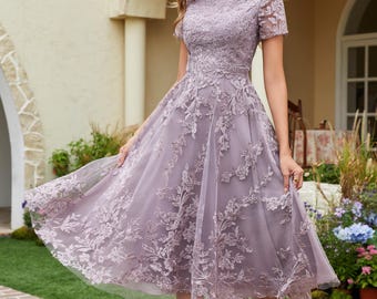 Tea Length Lace Tulle Mother of the Bride Dress: Handmade A-Line Illusion