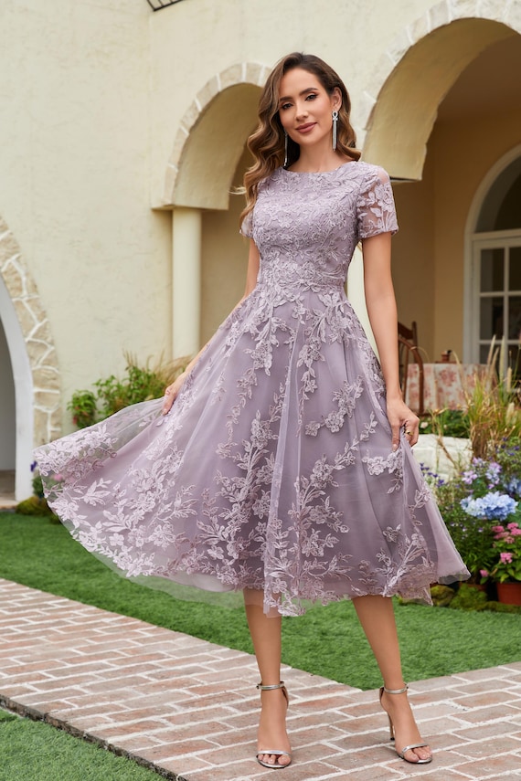 Tea Length Lace Tulle Mother of the Bride Dress: Handmade A-Line Illusion