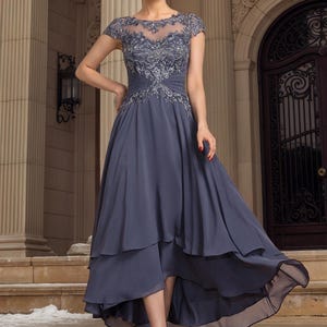 Tea Length Chiffon Lace Mother of the Bride Dress with Beading,A-line Illusion Mother of the Groom Dress,Lace Wedding Guest Dress for Women