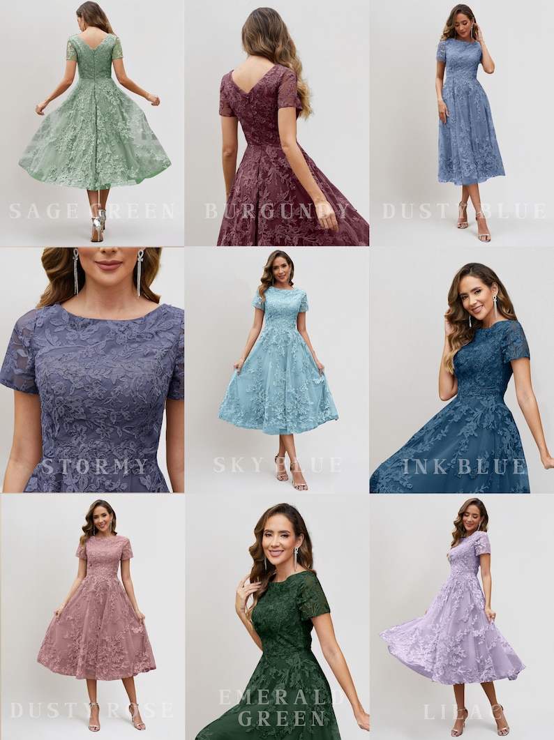 Peut inclure: Collection de robes en dentelle &agrave; manches courtes, dans des couleurs vari&eacute;es : vert sauge, bordeaux, bleu poussi&egrave;re, orageux, bleu ciel, bleu encre, rose poussi&eacute;reux, vert &eacute;meraude et lilas. Chaque robe pr&eacute;sente un motif floral en dentelle.