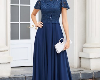 Mother of the Bride Dress | Lace Sequin Short Sleeve Chiffon Formal Gown