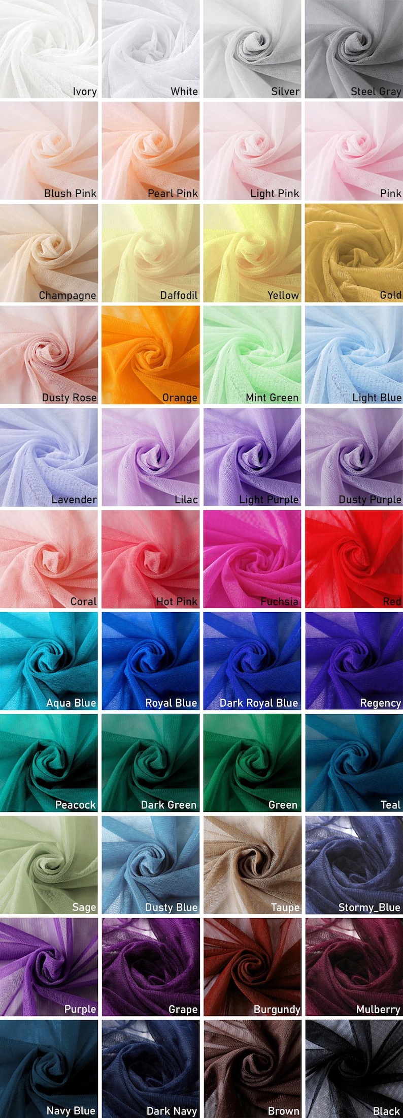 Peut inclure: Un nuancier pr&eacute;sentant des &eacute;chantillons de tissu en tulle. Les &eacute;chantillons affichent un large &eacute;ventail de couleurs, notamment ivoire, blanc, roses, jaunes, verts, bleus, violets, rouges et neutres. Chaque &eacute;chantillon est &eacute;tiquet&eacute; avec son nom de couleur.