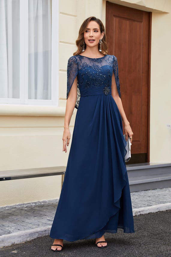 bridesmaid dresses navy blue and silver Lace Chiffon Mother of the Bride Gown, A-Line Sequin Formal Wedding Guest Dress V-Neck Crepe and Tulle loop-ae-079 Lace Top A SIZE:Medium cup C