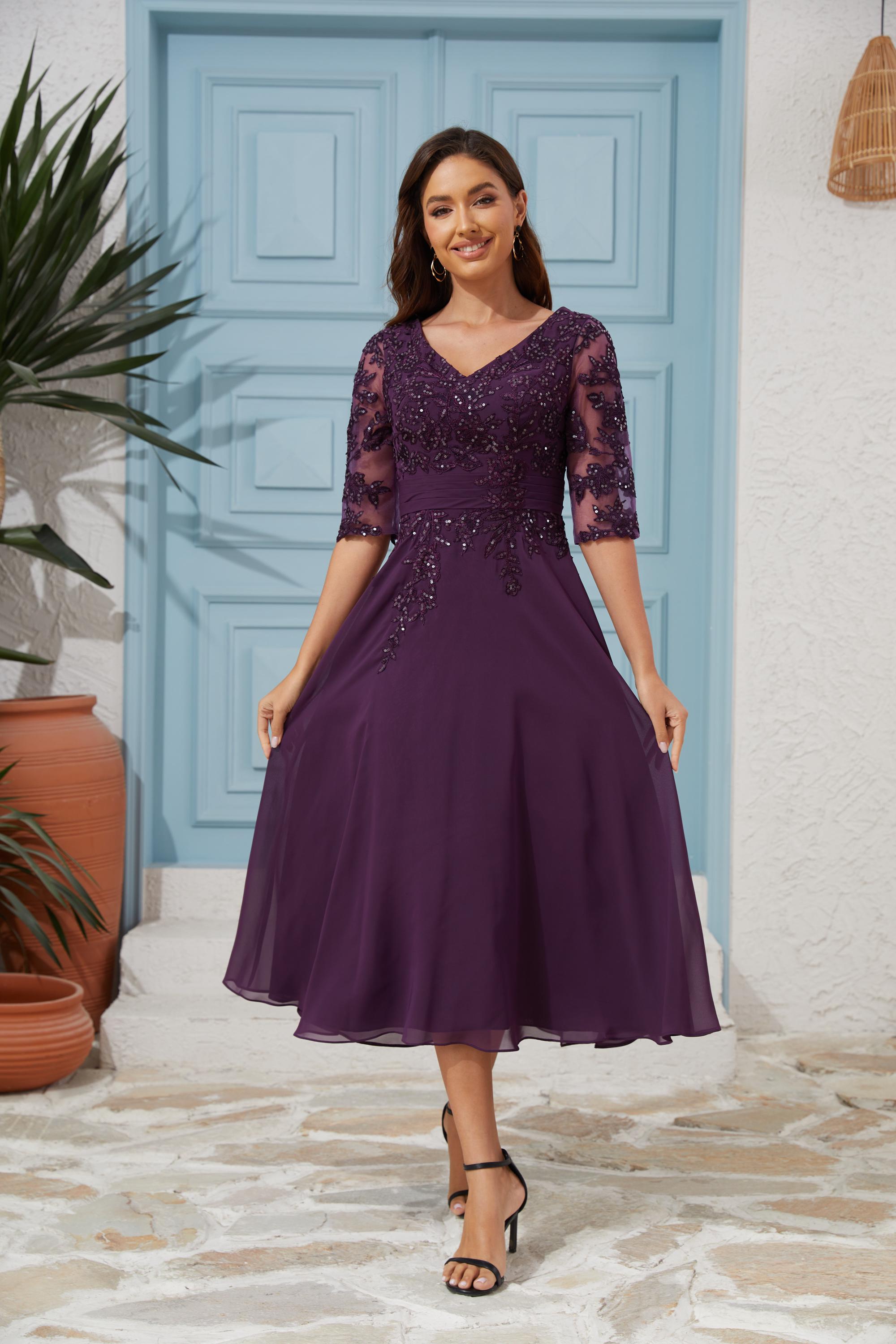 knee length dresses for ladies Zapaka Women Tea Length Prom Dress with 3D Flowers Purple A Line Tulle Party Dress, Purple / US26W main image 0