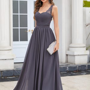 charcoal grey dress for wedding Queendancer Women Charcoal A Line Lace Long Mother of the Bride Dress with Slit V-Neck Chiffon Sleeveless Wedding Guest Dress queendancer