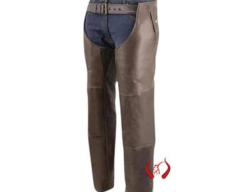 Vintage bruinleren motorchaps met dubbele ritssluiting - westernuitrusting