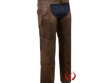 Polainas de motociclista ajustables de cuero marrón para hombre con bolsillos con cremallera - Equipamiento para motociclistas