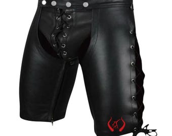 Herren Schwarz Leder Biker Chaps Shorts mit Schnürung Seiten