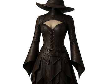 Fantasia de bruxa em couro feita à mão: vestido gótico com espartilho, ideal para cosplay de LARP.