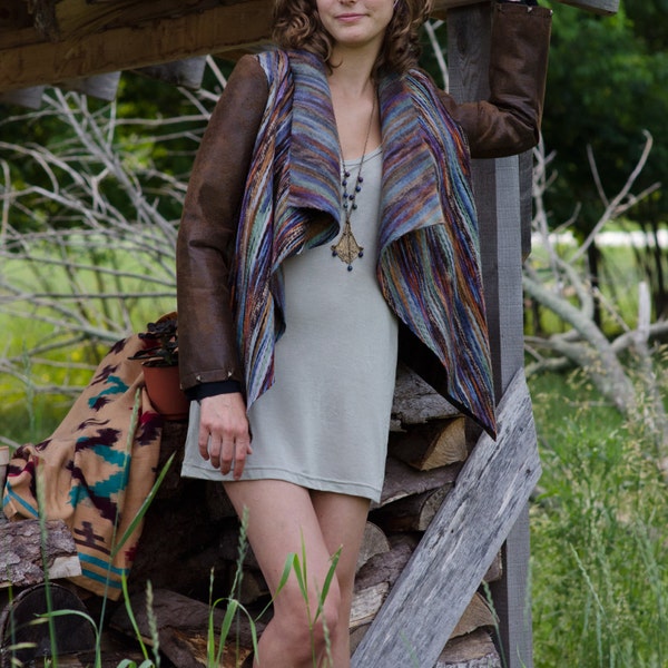 Boho Jacket with Multicolor Ombre Yarns,Vegan Suede, Studs, Cascading Collar - The Canyonlands Jacket!