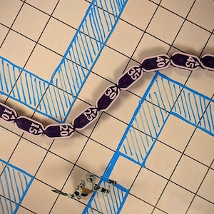 Può includere: Un'impostazione di gioco di ruolo da tavolo con un percorso numerato viola, linee di griglia blu e miniature. Il percorso è contrassegnato con numeri da 5 a 50. Le miniature sono posizionate all'inizio e alla fine del percorso, con una miniatura al centro.