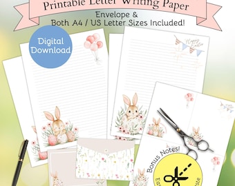 Set di carta da lettere e buste stampabili con coniglietto pasquale ad acquerello, a righe e non a righe, formato A4 US Letter