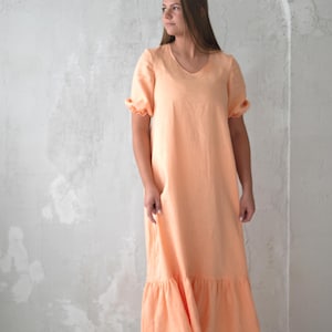 Puff Sleeve Linen Dress – Peach Ruffle Hem Dress | Romantic Organic Linen Midi Dress with Belt | Handmade in Lithuania