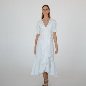 White Linen Wrap Dress – Ruffle Midi Dress – Summer Wedding  Dress – Elegant Handmade Organic Linen Dress for Bride