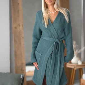 Waffle Linen Robe – Feel-Good Forest Green Spa Wrap | 100% Lithuanian Linen | Sustainable Loungewear Gift for Her Ready to Ship