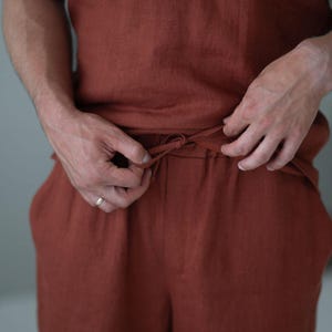 Men’s Linen Shorts – Rust Color Casual Summer Shorts with Drawstring – Soft Washed Linen, Breathable and Lightweight