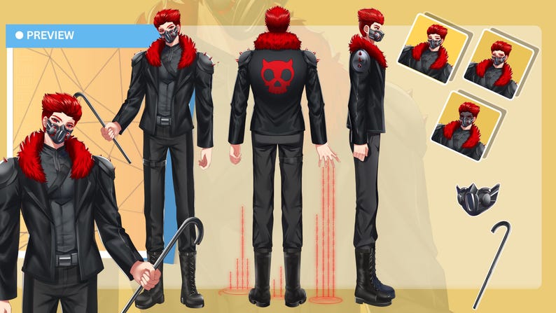 Custom character sheet commission with detailed OC reference sheet, character design, full body reference, expressions, accessories, and character art for VTuber, anime, game, furry, and original characters.