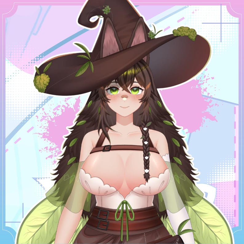 Fantasy witch VTuber avatar with animal ears, green eyes, flowing brown hair, and nature-inspired clothing. Custom Live2D VTuber model commission for Twitch streaming, YouTube content creation, virtual entertainers, and personalized anime character branding.