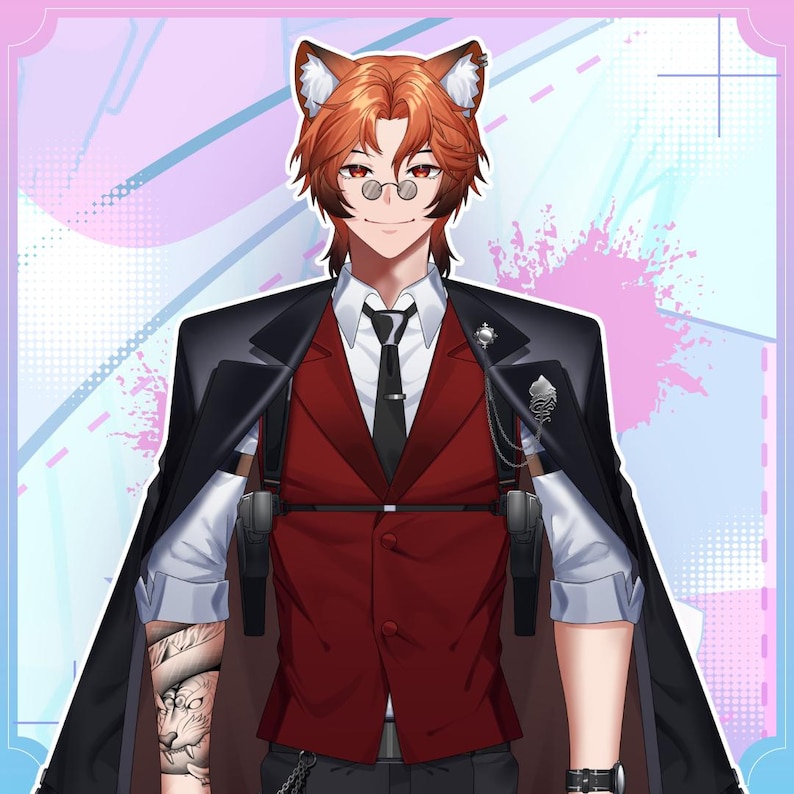 Custom anime male VTuber model featuring a handsome fox boy with orange hair, animal ears, and a long spotted tail. Elegant mafia-inspired outfit with a red vest, black cape, gloves, glasses, tattoo sleeve, and holster accessories. High-quality Live2D-ready character design for VTubers, streamers, and anime content creators. Perfect for custom VTuber model commissions, character sheets, and professional streaming avatars.