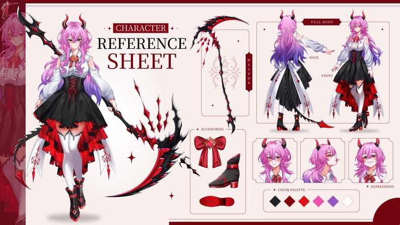 Custom character reference sheet with anime demon girl design, full body front, side and back views, facial expressions, weapon, accessories, and color palette for VTuber or original character design.
