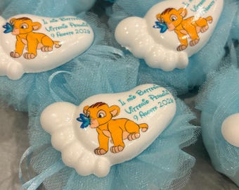 Personalized Simba Baptism Favor – Scented Plaster Foot with Light Blue Tulle, Confetti and Magnet – Baby Boy Birth