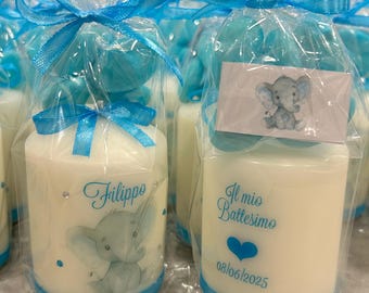 7 cm Personalized Candle with Dumbo Theme with Name and Text - Baptism Communion Wedding Favor - Package with Sachet and Confetti