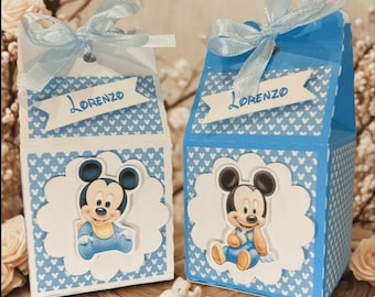 Personalized Mickey Mouse Milk Box with Name – Baby Shower, Christening, or Birth Favor – Blue and White Box