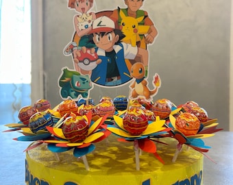 Custom Pokémon Chupa Chups Cake – Kids' Birthday Centerpiece – Fake Cake with 20 Lollipops – Pokémon Themed Party Decoration