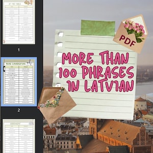 Könnte beinhalten: Ein digitales PDF-Dokument mit dem Text "MORE THAN 100 PHRASES IN LATVIAN" in Pink. Das Bild enthält einen Notizblock, einen Umschlag mit Blumen und mehrere Lerntabellen. Das Wort "PDF" ist sichtbar.