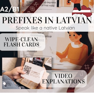 Tarjetas didácticas / Videolecciones "Prefijos en letón" – Tarjetas lavables con códigos QR – RESERVA