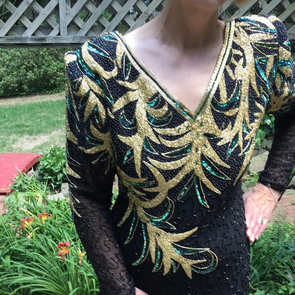 Sz 8/10 Encrusted Beaded Sequin 80s Wonder Dress