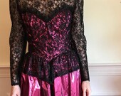 Sz 2 4 Black Lace and Raspberry Lamé Vintage Gunne Sax Renaissance Dress by Jessica McClintock 1980s