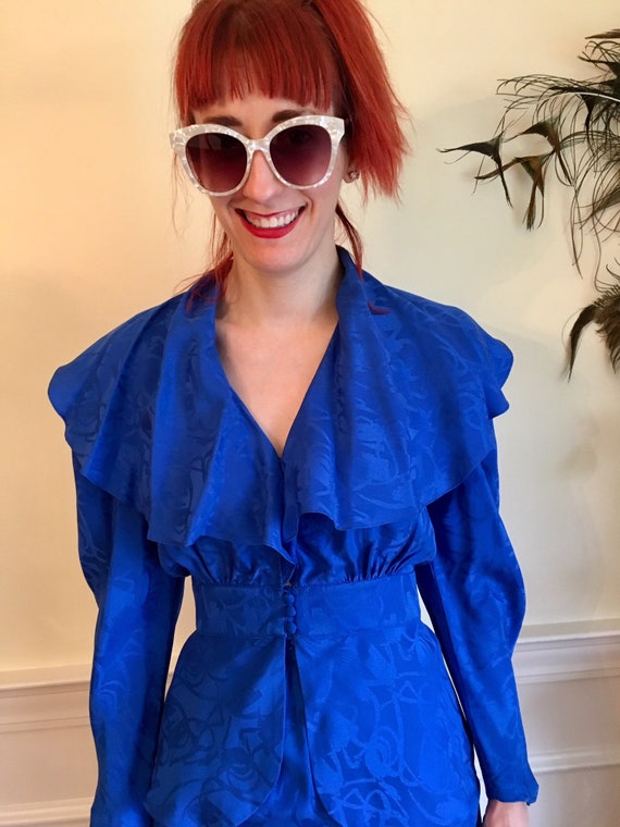 Sz 4 Royal Blue Ruffle Vintage 1980s Two-Piece Dr… - image 1