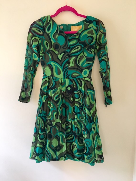 Sz 0/2 Psychedelic Green Paisley 1970s Mod Vintage