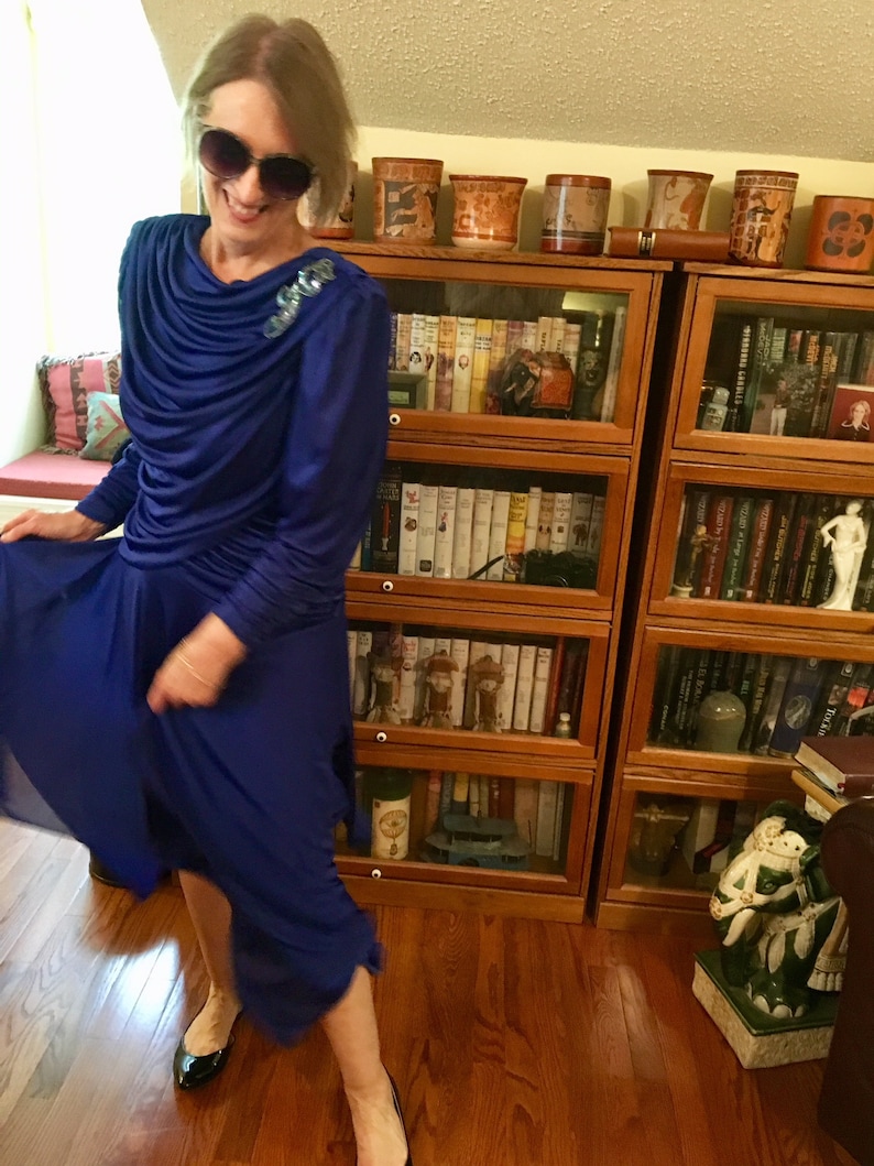 Sz 8 Cobalt Blue Ruched 80s Retro 40s Dress by Filigree
