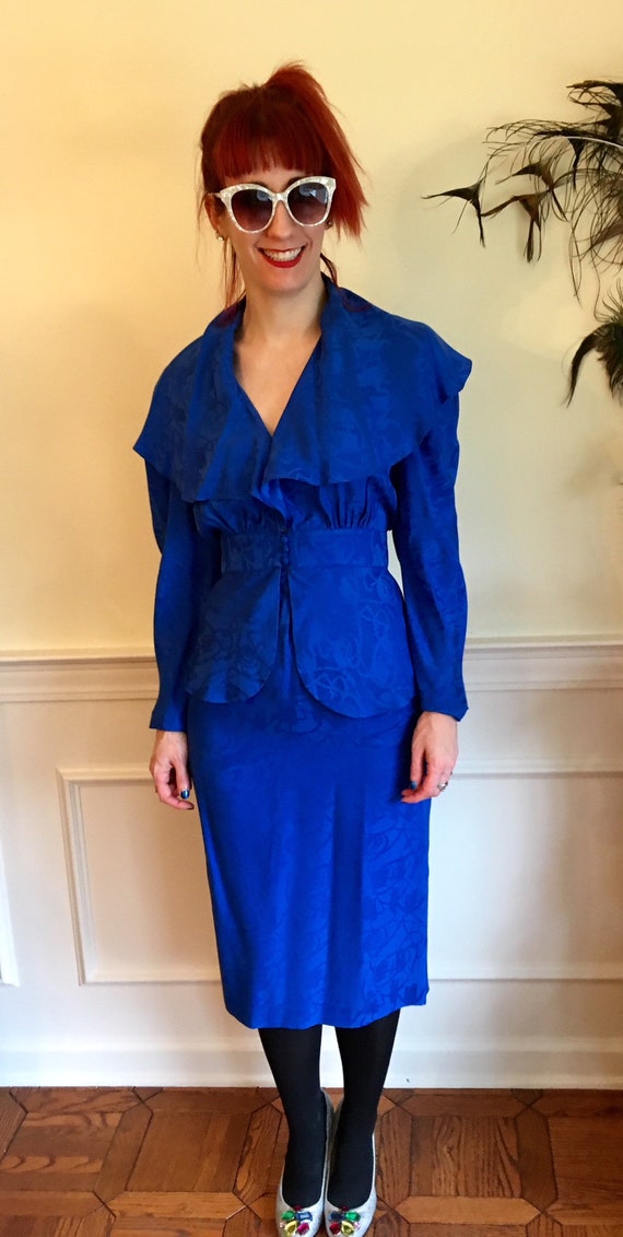 Sz 4 Royal Blue Ruffle Vintage 1980s Two-Piece Dr… - image 3