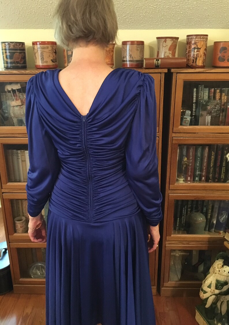 Sz 8 Cobalt Blue Ruched 80s Retro 40s Dress by Filigree