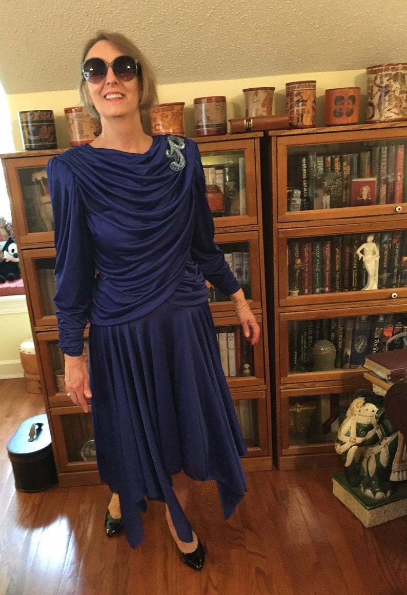Sz 8 Cobalt Blue Ruched 80s Retro 40s Dress by Filigree