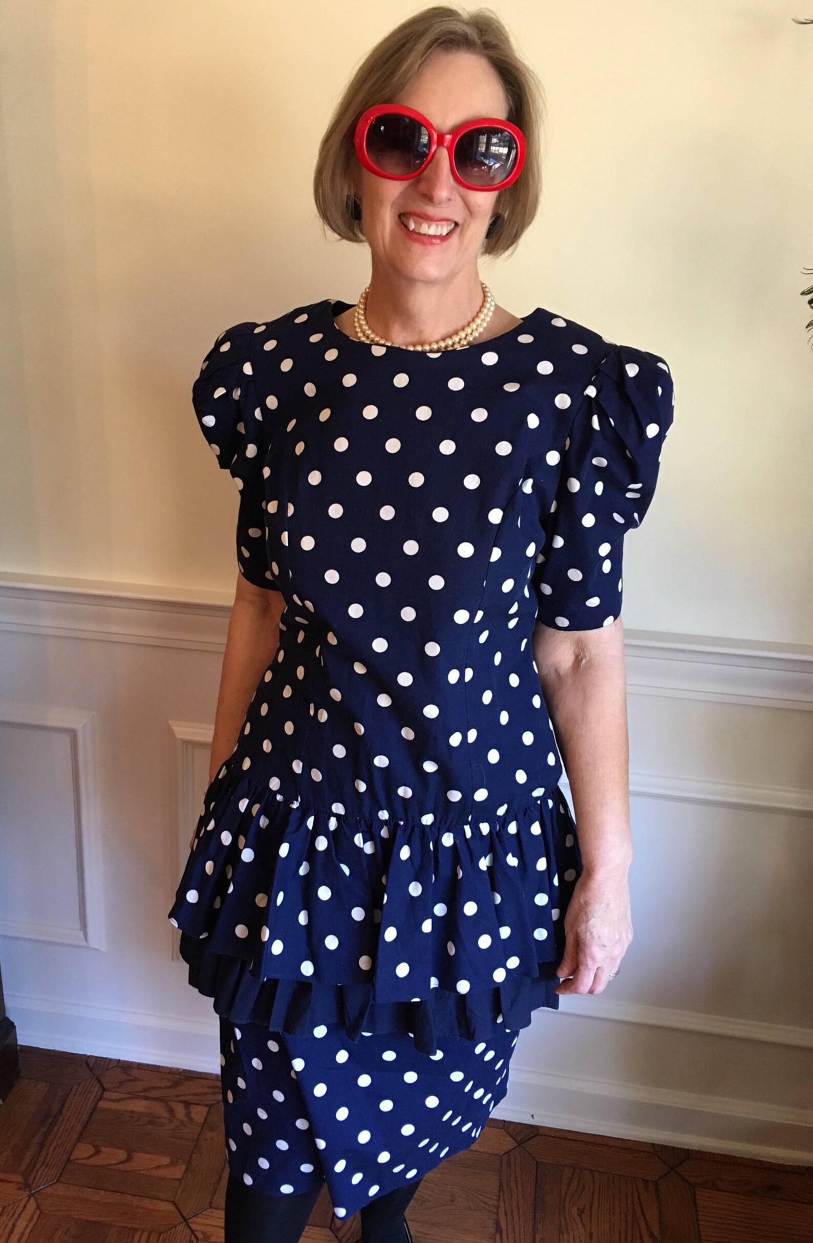 Vintage Navy Polka Dot 80s Dress with DropWaist and Etsy