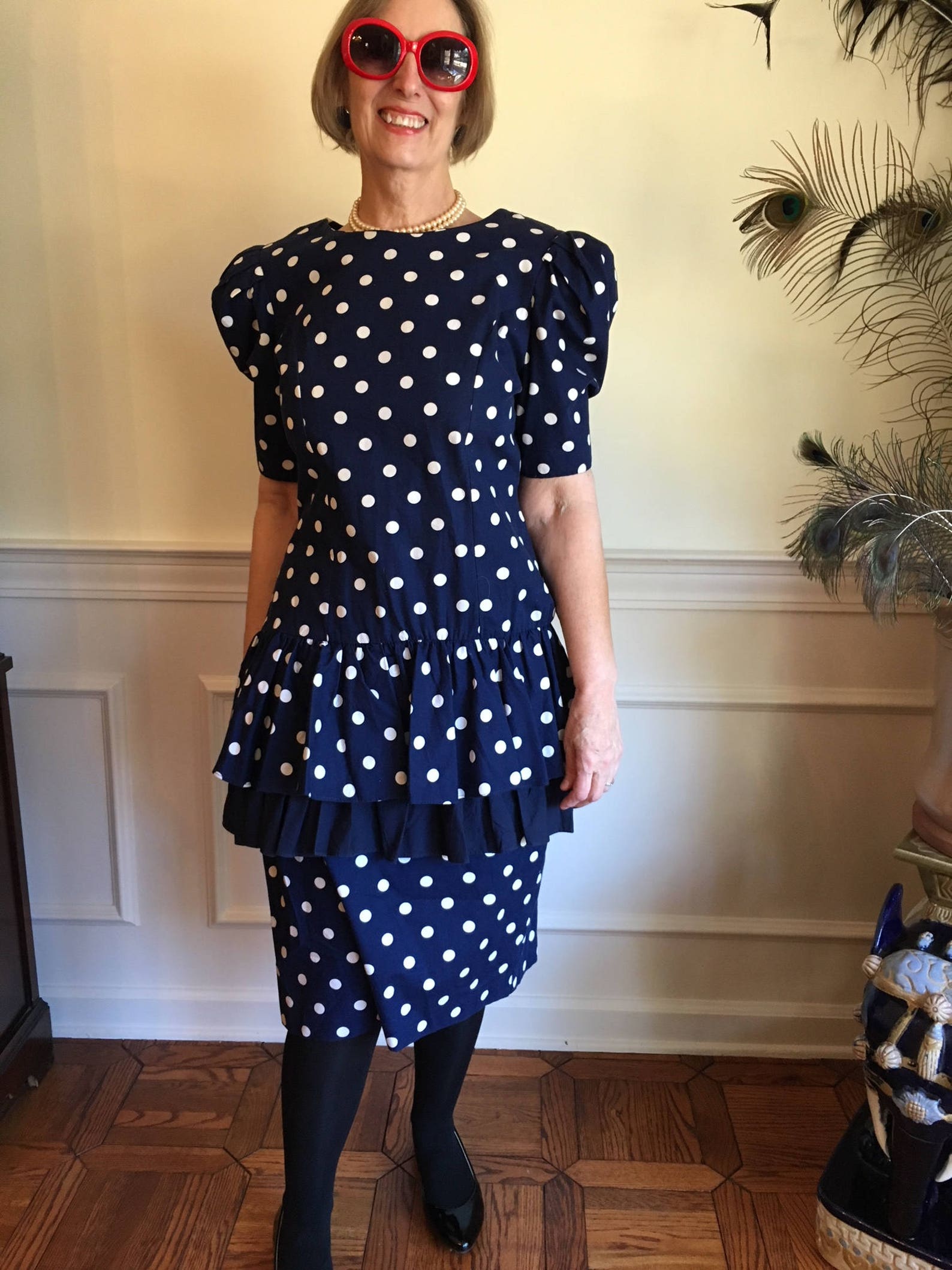 Vintage Navy Polka Dot 80s Dress with Drop-Waist and | Etsy
