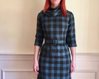 Sz 4 Blue & Green Plaid 1960s Mad Men-style Wool Dress with Scarf by Jonathan Logan
