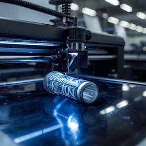 Può includere: Un prodotto cilindrico con un design blu e bianco viene lavorato da una macchina nera. Il prodotto presenta la parola "NEW" in un carattere stilizzato. La macchina sembra tagliare o incidere il prodotto.