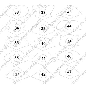 May include: A white graphic showing various shapes, including hearts, flowers, and animals, each with a number from 33 to 47. The text "Bear Wood Design UK" is repeated around the shapes.
