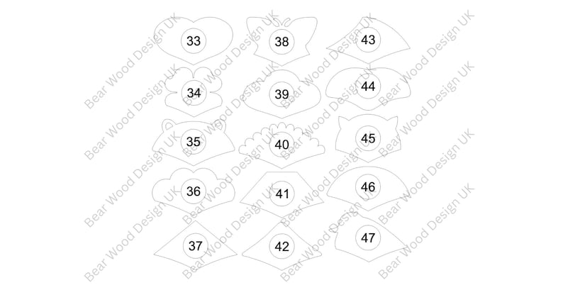 May include: A white graphic showing various shapes, including hearts, flowers, and animals, each with a number from 33 to 47. The text "Bear Wood Design UK" is repeated around the shapes.
