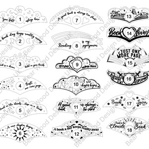 May include: A selection of 18 black and white book-themed designs. Each design has a unique shape and text, including phrases like "A good book is always too short" and "Book Lover?" These designs are perfect for book enthusiasts.