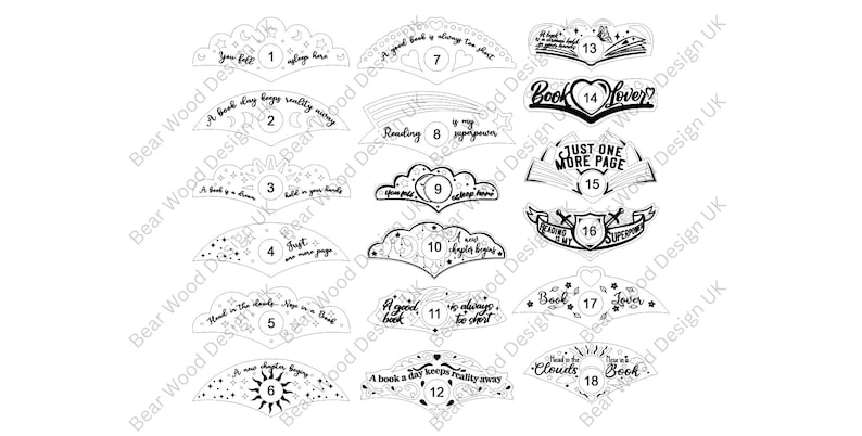 May include: A selection of 18 black and white book-themed designs. Each design has a unique shape and text, including phrases like "A good book is always too short" and "Book Lover?" These designs are perfect for book enthusiasts.