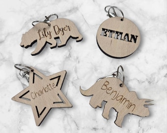 Personalized Kids Wood Name Tag: School Bag Keyring
