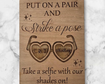 Personalized Sunglasses Wedding Favors with Custom Wooden Sign