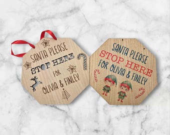 Santa Stop Here Sign | Laser Engraved Wooden Christmas Décor | Colour Printed Sign